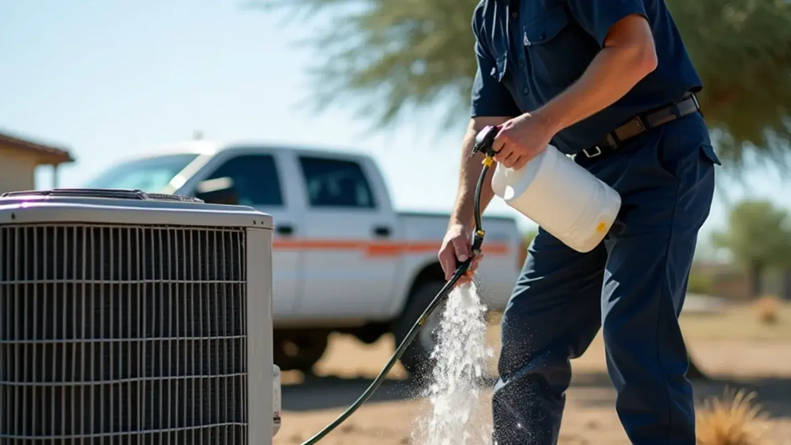 White foaming cleaner covering condenser coil fins during an AC unit wash in Rio Grande City, TX