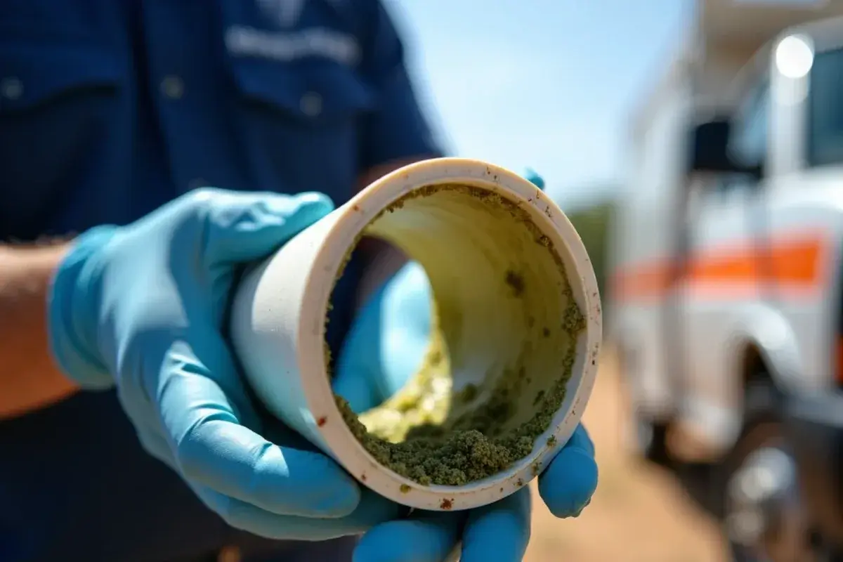 Algae slime clogging a PVC condensate trap removed during AC drain line cleaning in Rio Grande City