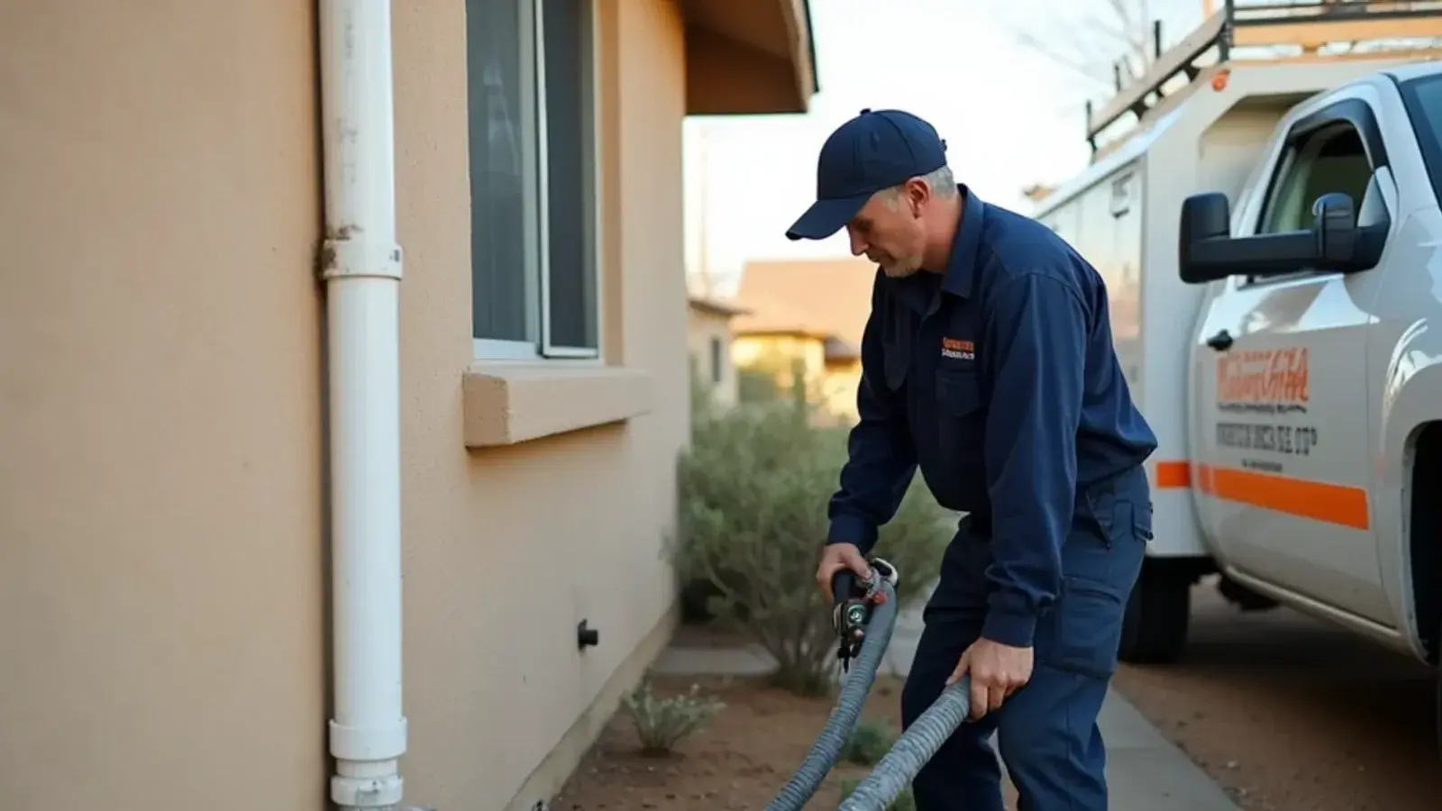 Technician clearing a clogged AC condensate drain outlet with a wet vacuum at a Rio Grande City home