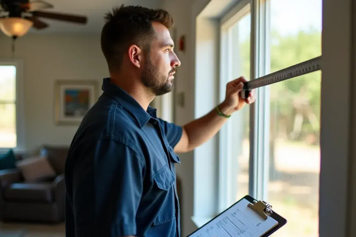 Technician measuring west-facing window glass for a Manual J load calculation before an AC installation