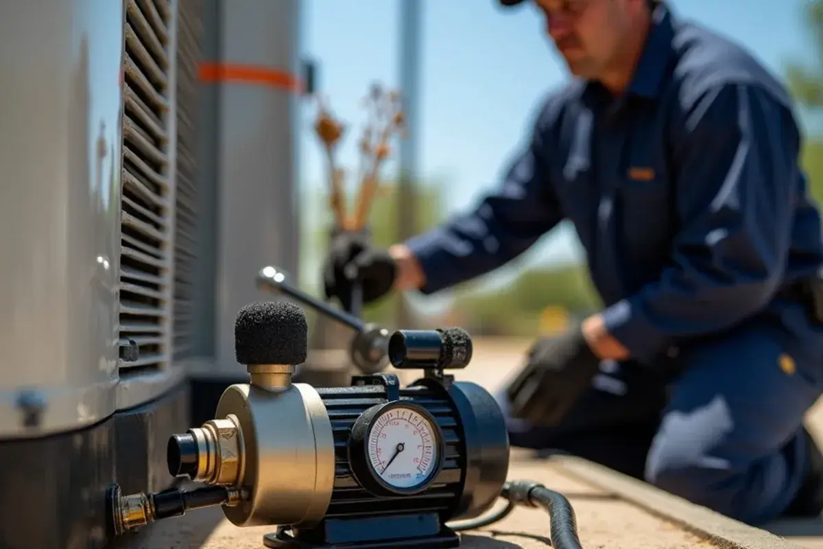 Vacuum pump and micron gauge connected to a new line set during central air installation in Starr County
