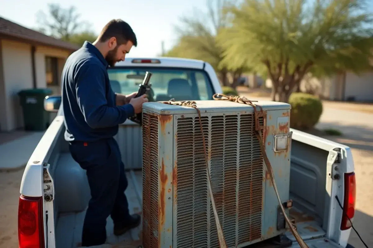 Old rusted AC condenser loaded on a white service pickup for haul-off after a new unit installation