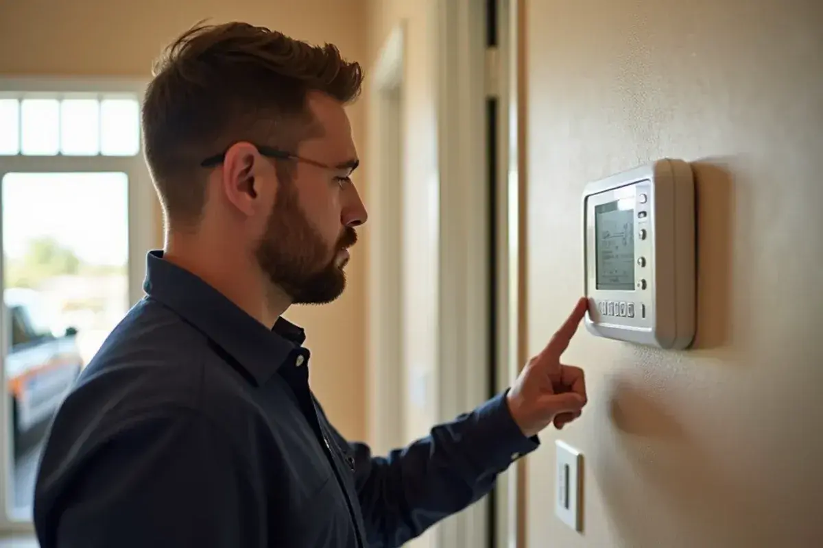Technician programming a new wall thermostat after starting up a new AC system in a Rio Grande City home