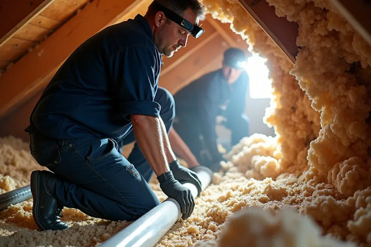 Technician flushing a PVC condensate drain line at an indoor air handler in a Rio Grande City attic