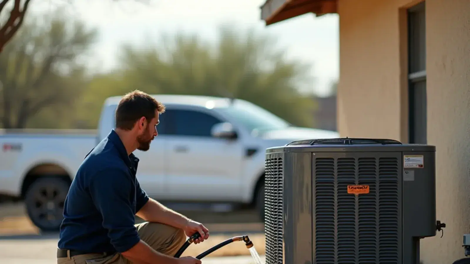 Technician rinsing an AC condenser beside a block home with mesquite in the yard in Rio Grande City, TX