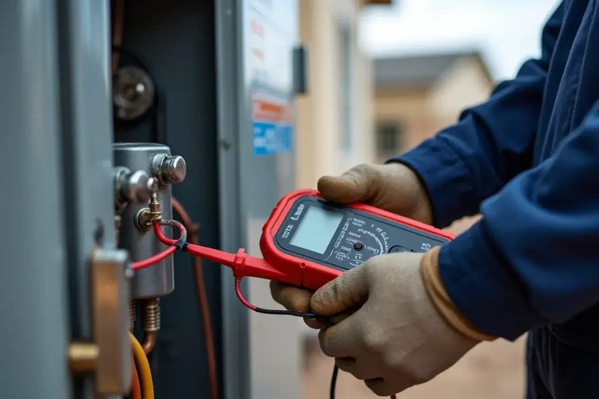 Clamp meter measuring compressor amp draw during air conditioner repair in Rio Grande City