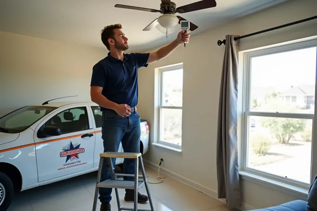 Technician reading supply air temperature at a ceiling register after an AC repair