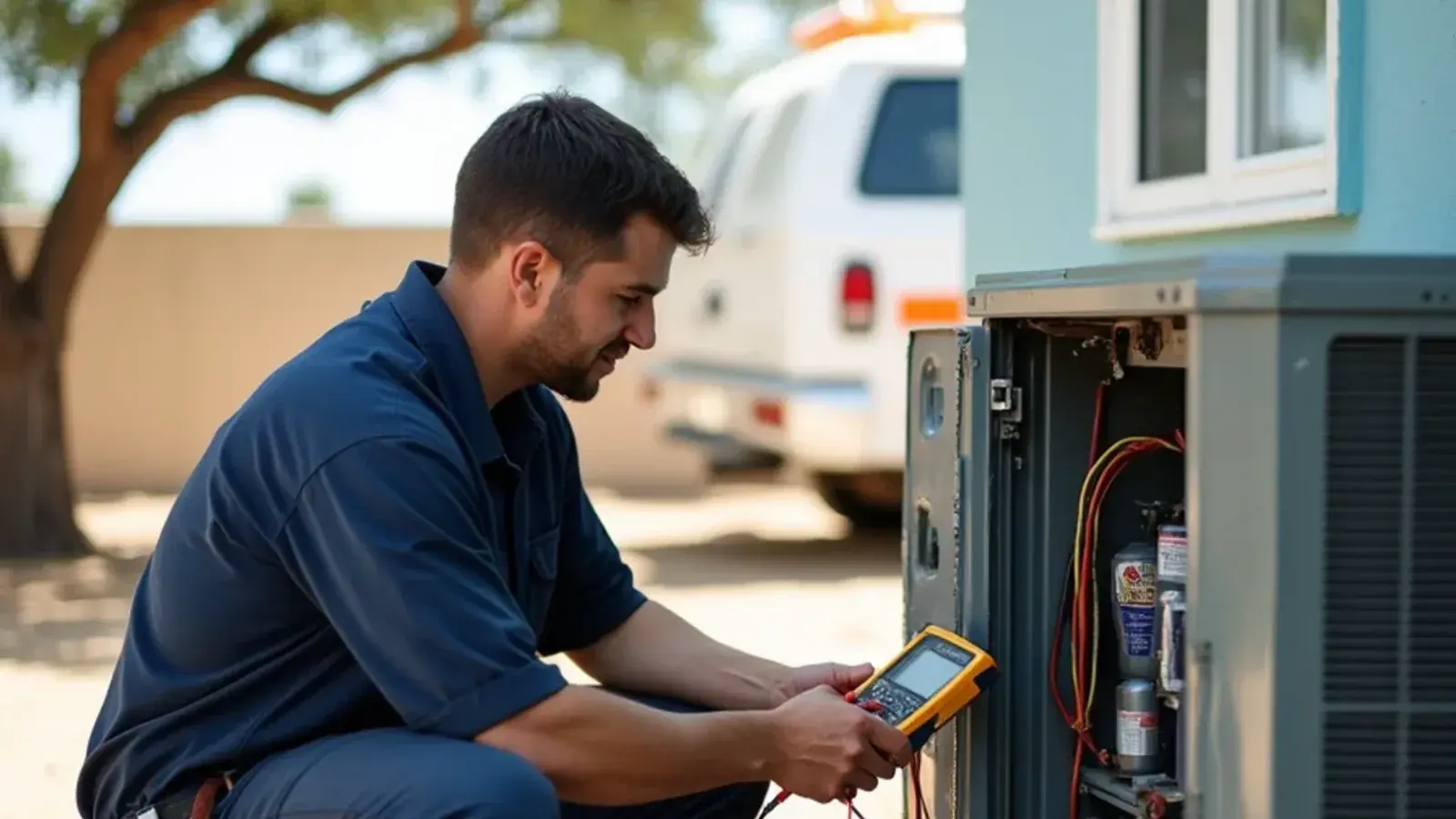AC technician testing a run capacitor with a meter at an outdoor condenser in Rio Grande City, TX