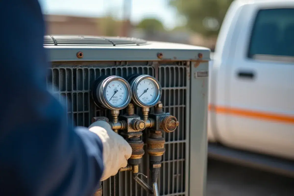 Refrigerant gauges connected to an aging R-22 condenser during a repair-or-replace evaluation in Starr County