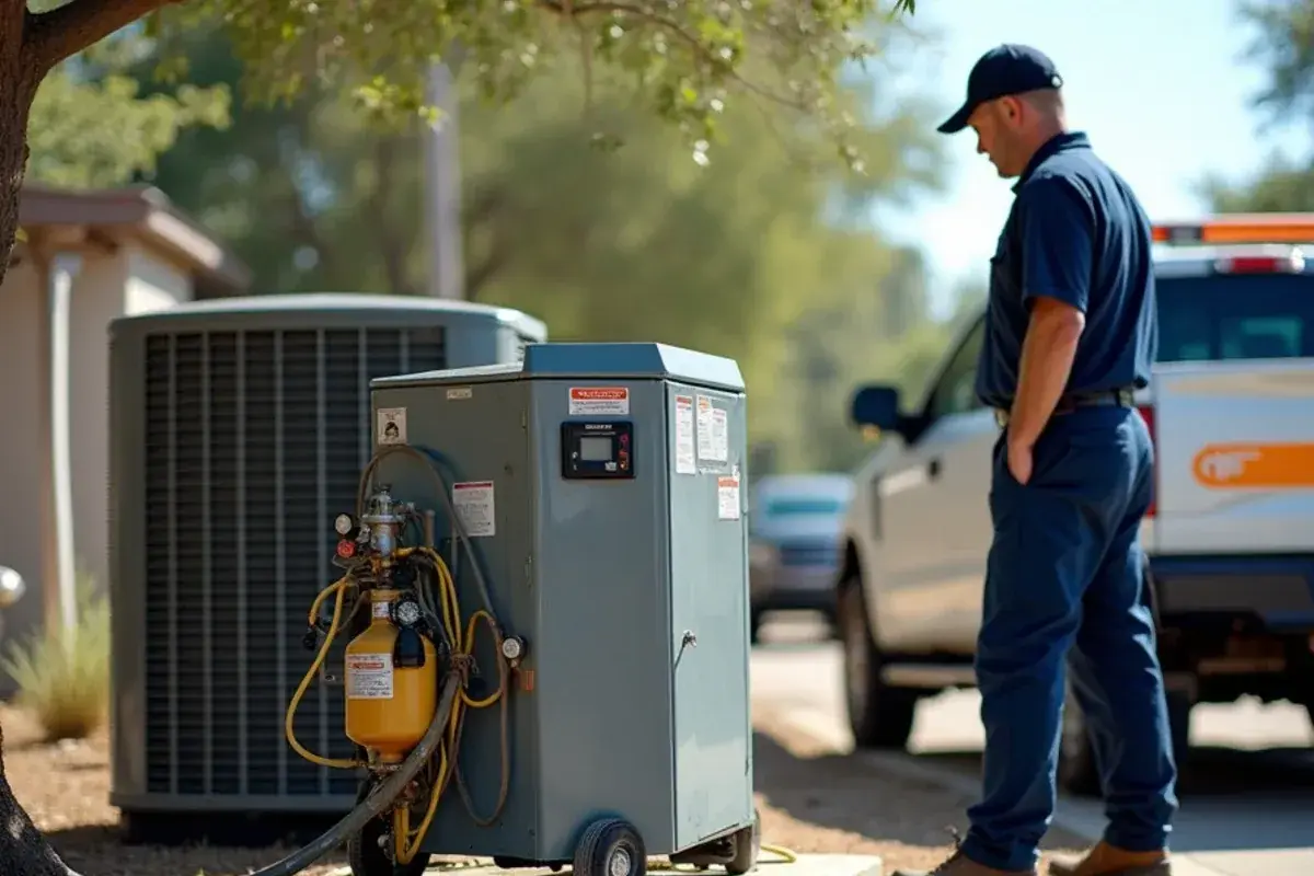 Refrigerant recovery machine and cylinder removing the old charge before an AC replacement
