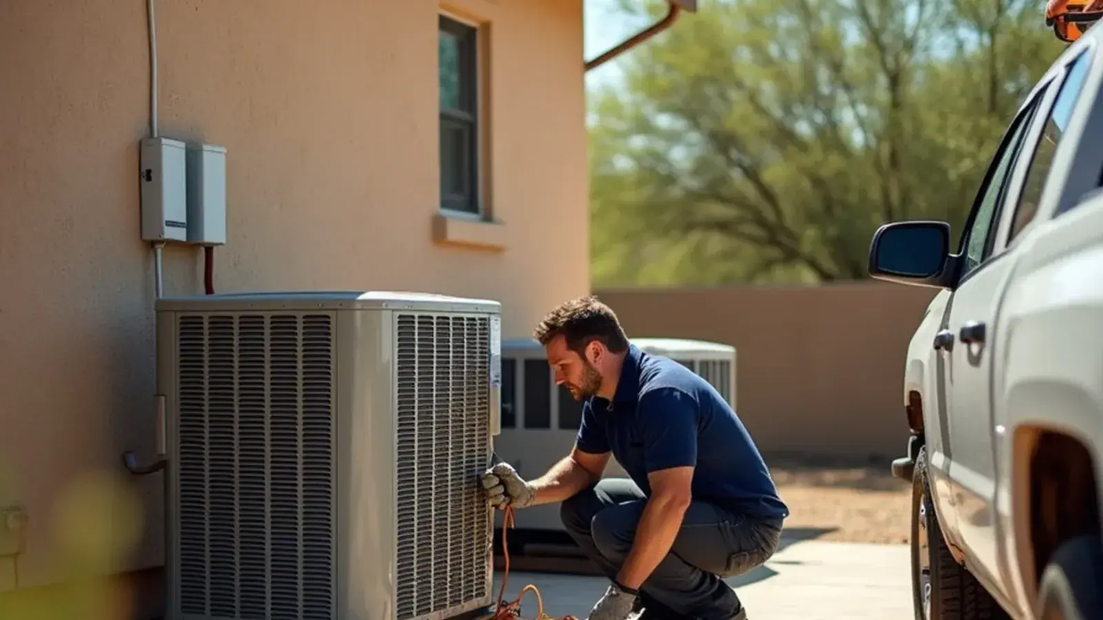 Faded old AC condenser beside a new replacement unit waiting to be installed at a Rio Grande City home