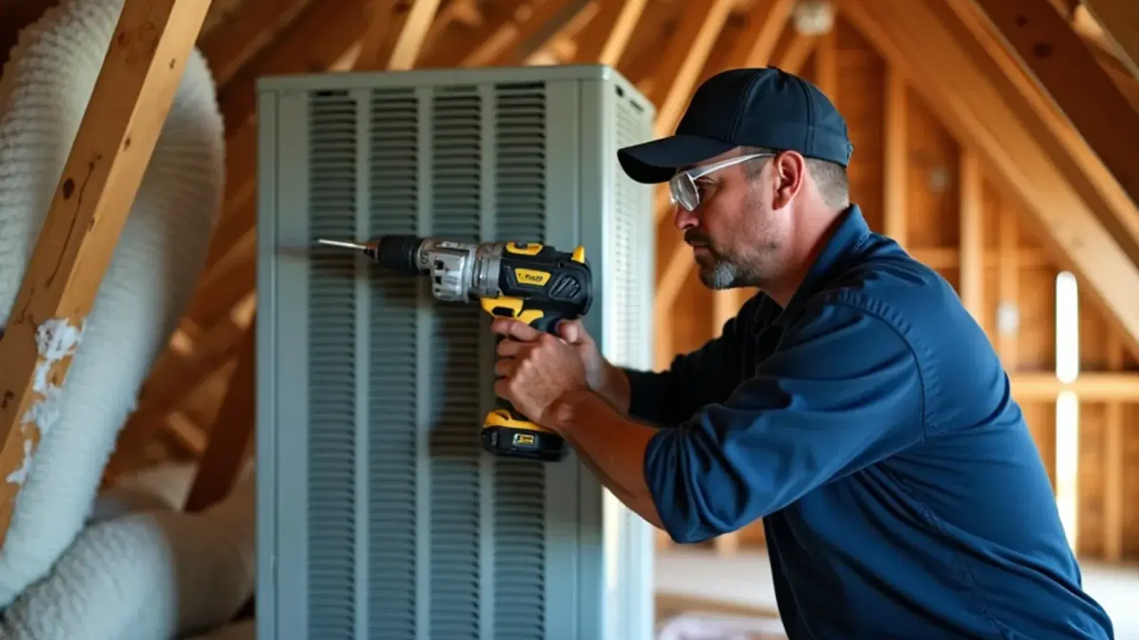 Technician mounting a UV-C lamp through the side of an air handler above the evaporator coil