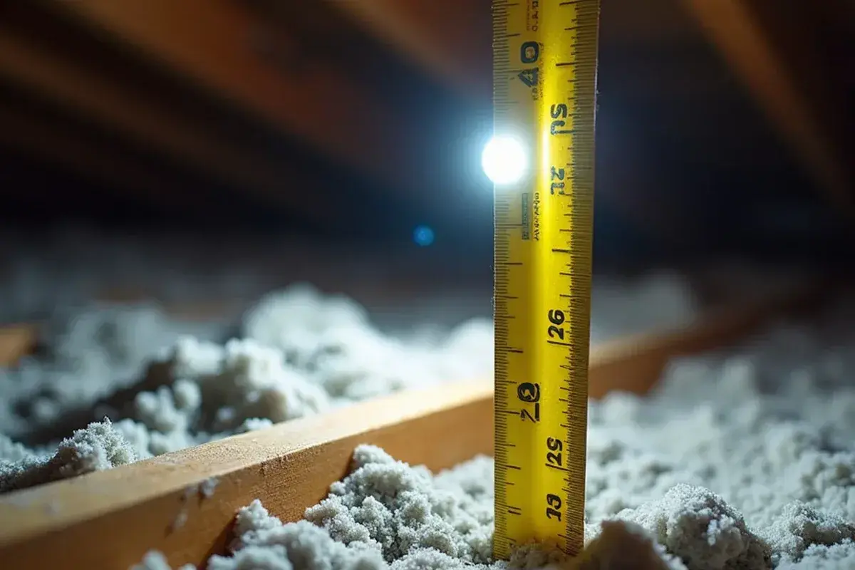 Ruler measuring thin settled insulation between ceiling joists in a Starr County attic