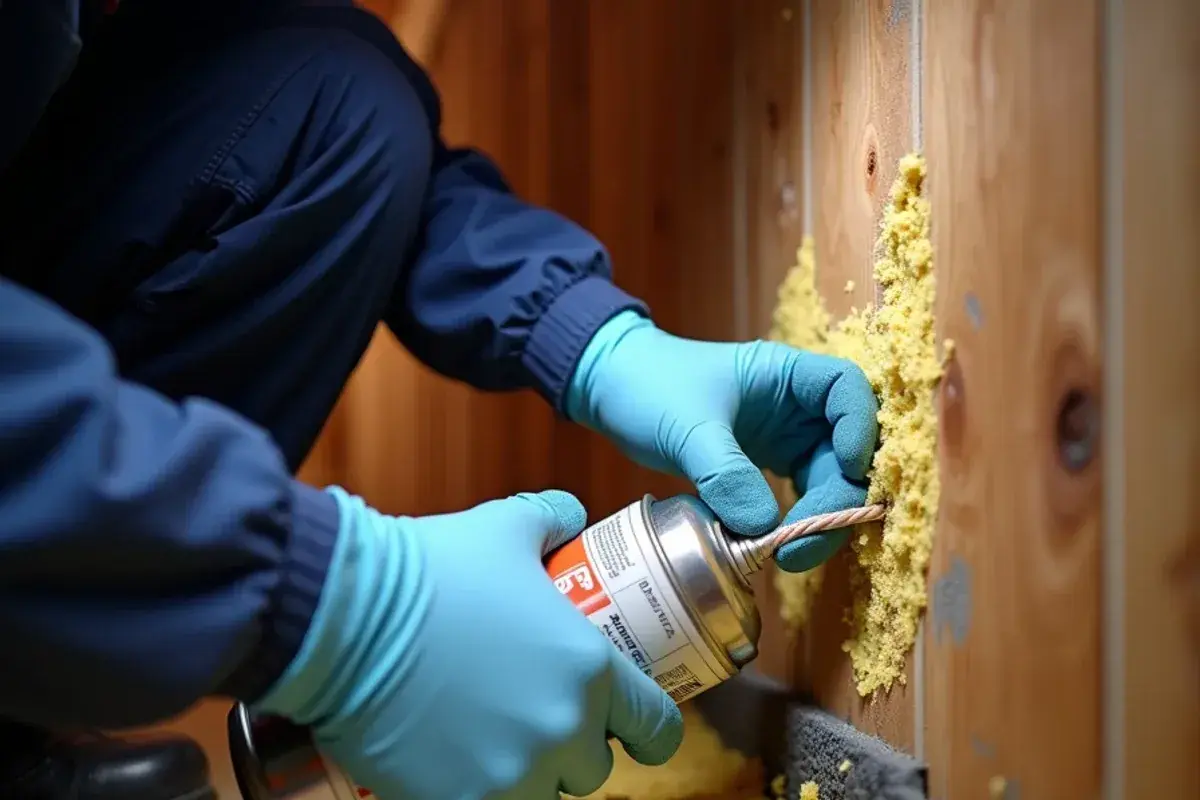 Technician sealing a wiring penetration in an attic top plate with spray foam before adding insulation