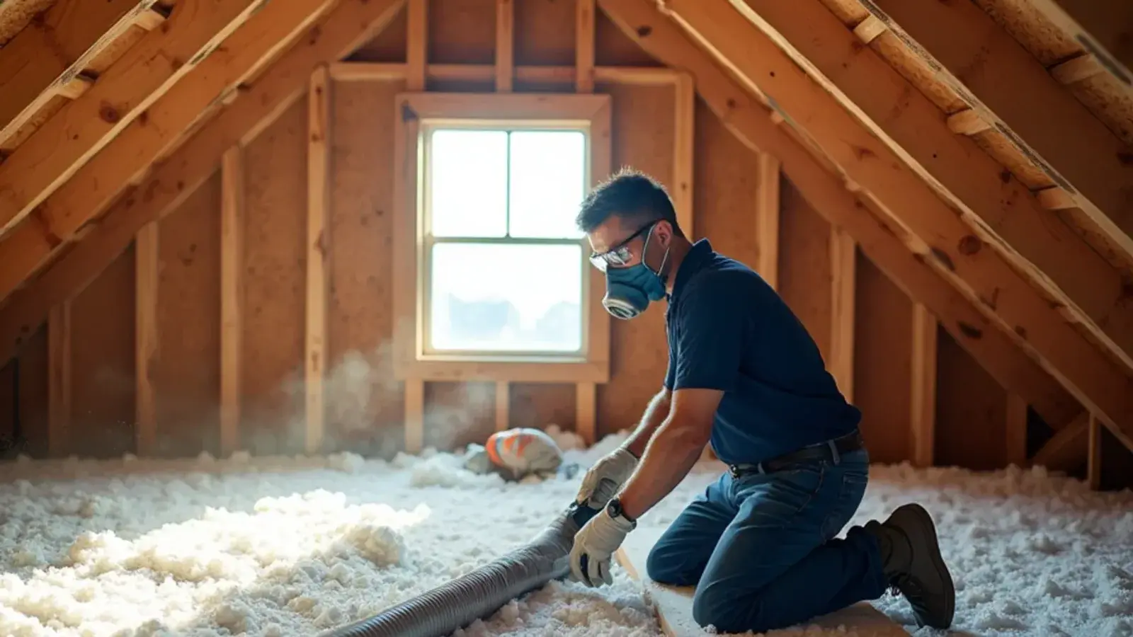 Technician blowing loose-fill insulation across an attic floor in a Rio Grande City, TX home