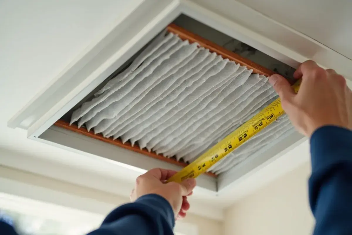 Hand measuring the actual dimensions of an AC filter with a tape measure next to the return grille