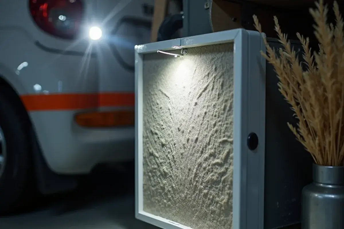 Overloaded pleated filter bowed inward from airflow restriction at an indoor air handler