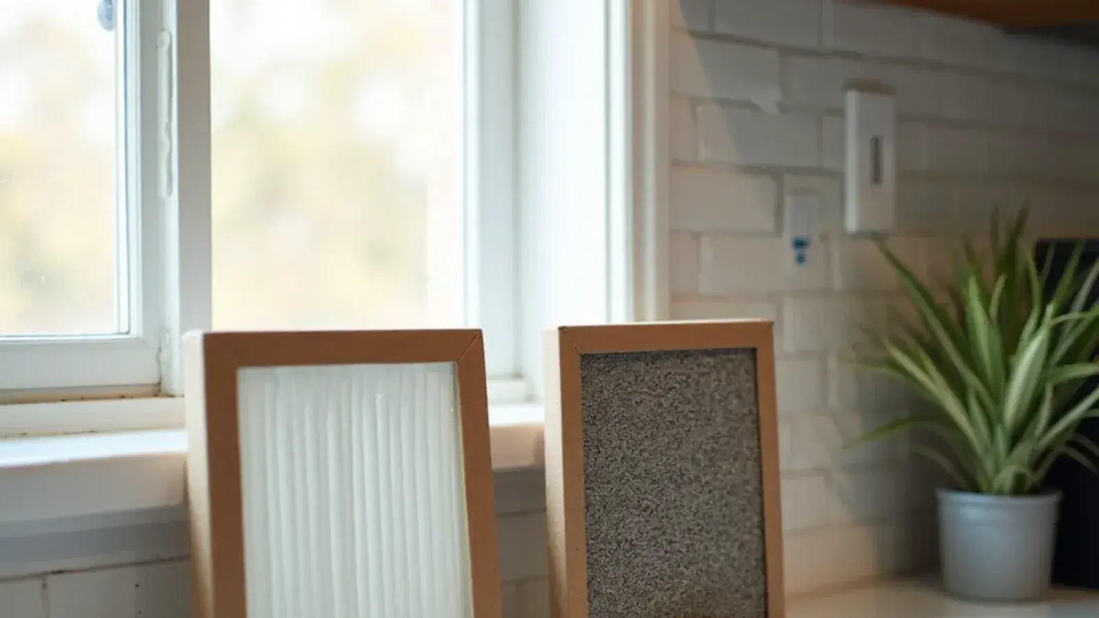 New pleated AC filter beside a dust-clogged used filter on a counter in a South Texas home