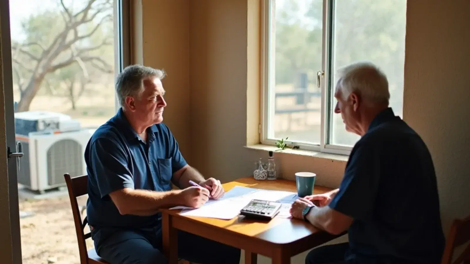 Homeowners reviewing AC financing paperwork at a kitchen table in a Starr County home