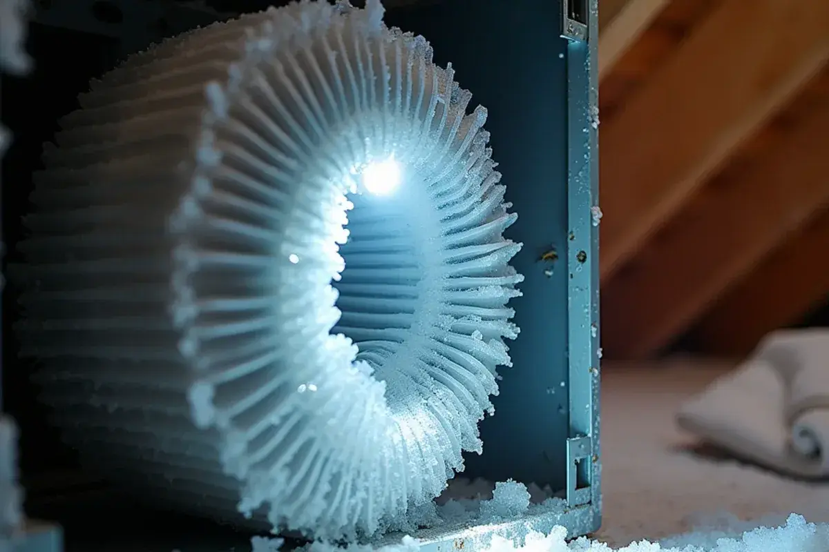 Evaporator coil inside an opened air handler encased in ice from restricted airflow