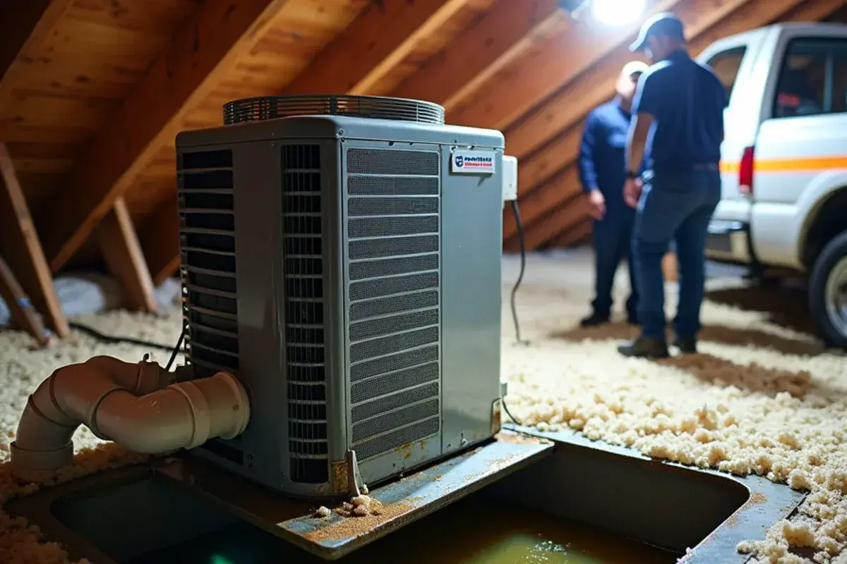Attic AC air handler with an overflowing secondary drain pan full of water and algae