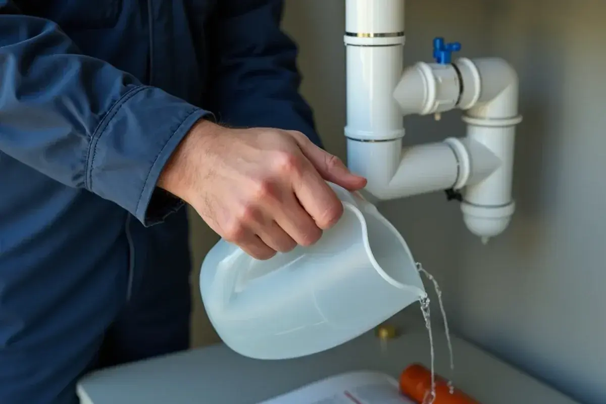 Technician flushing an AC condensate drain line through the cleanout tee during drain line repair