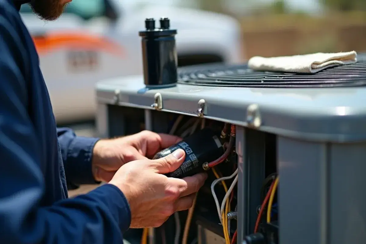 Technician replacing a swollen run capacitor and worn contactor inside an AC condenser in Starr County
