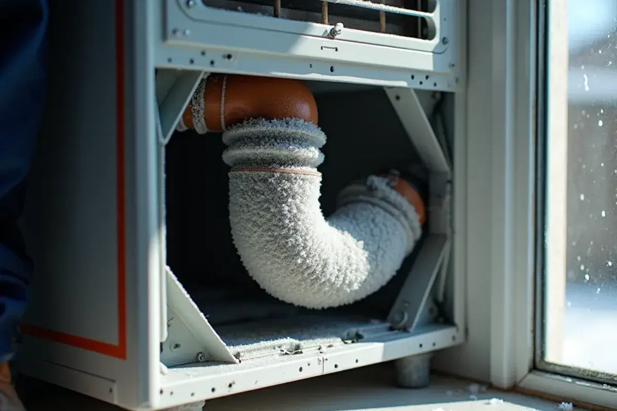 Frost and ice coating the indoor evaporator coil and copper suction line of an air handler in a utility closet