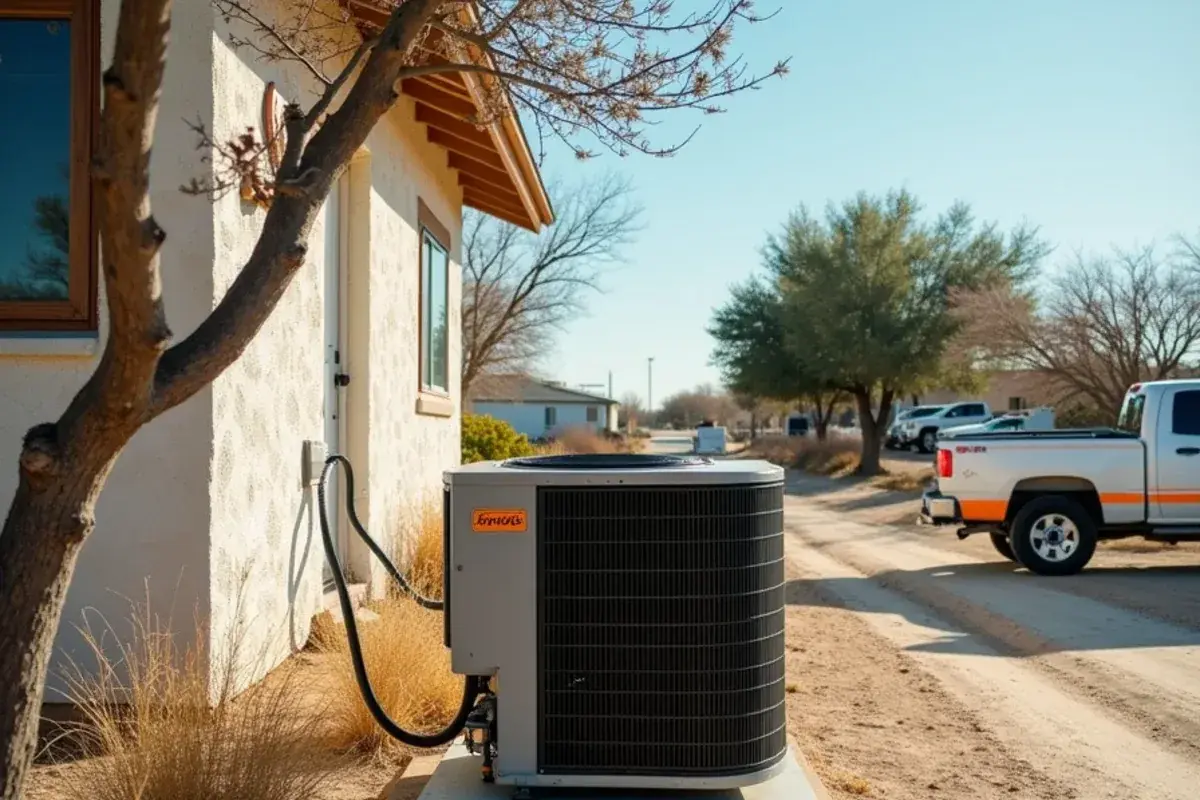 Mesquite and huisache brush growing tight against a home's AC condenser on a caliche lot