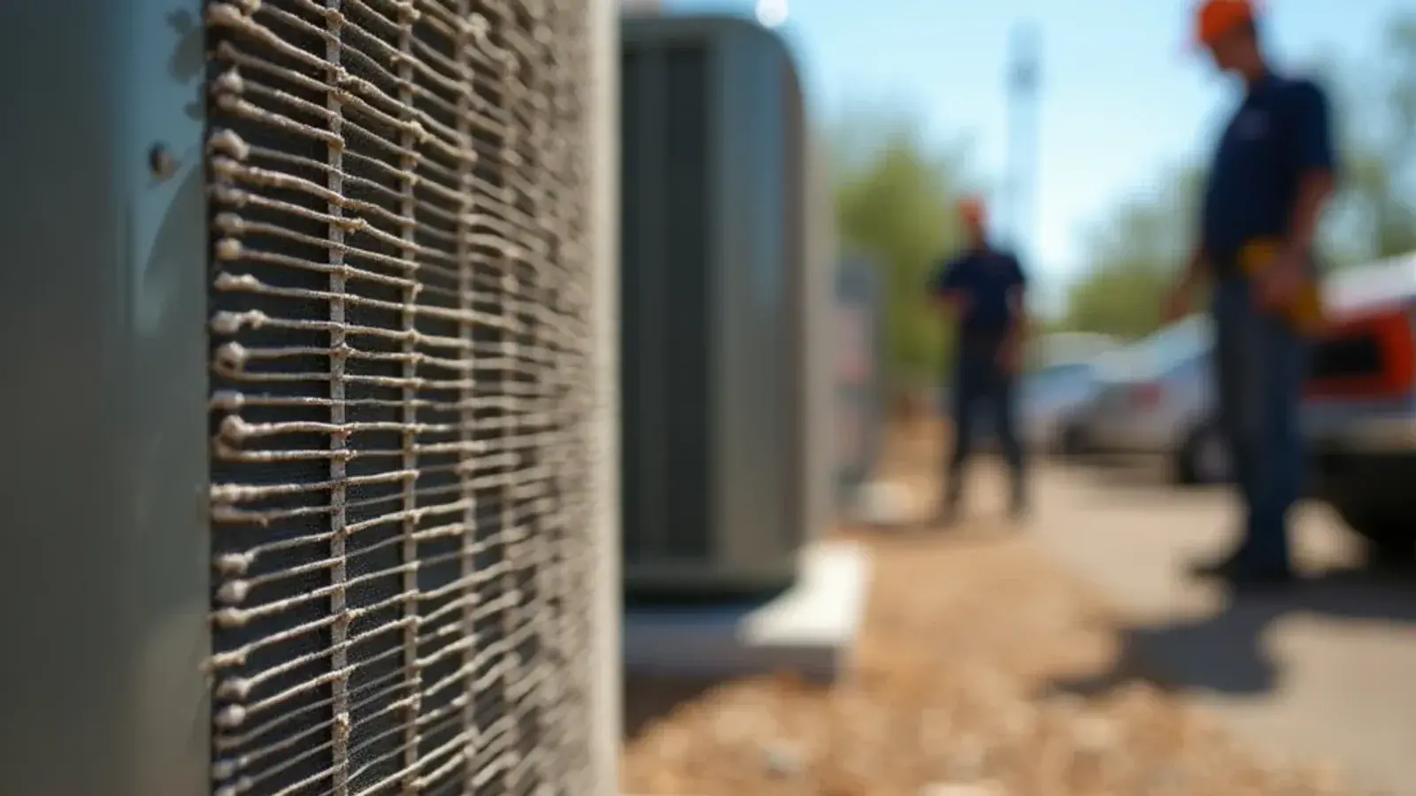 Outdoor AC condenser coil fins packed with pale caliche dust and mesquite leaves in Starr County