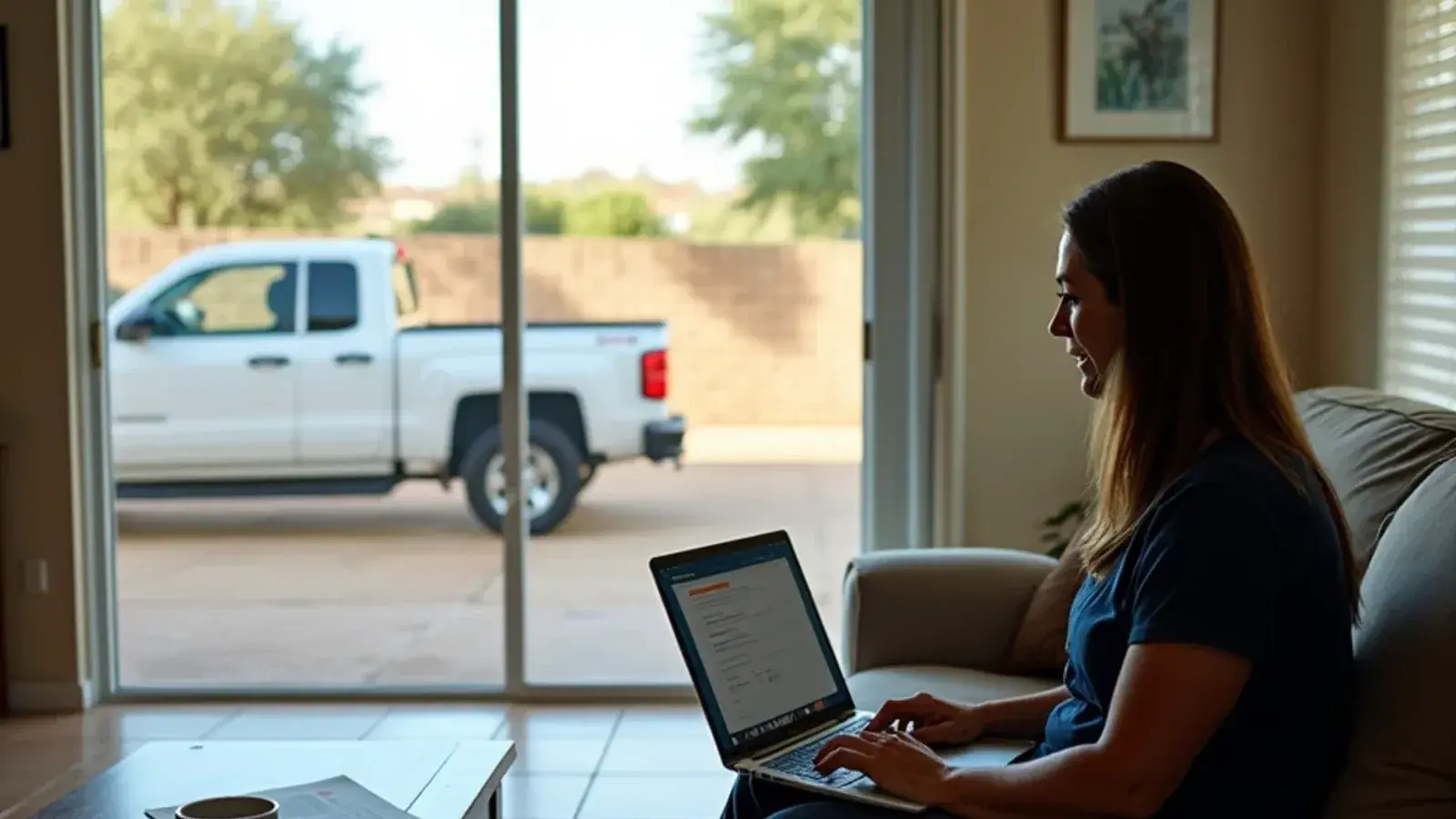 Homeowner checking an AC contractor's license on a laptop at home before hiring for a South Texas installation