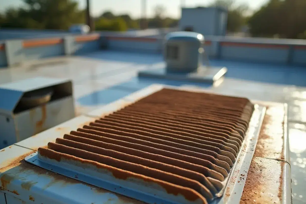 Condenser coil near a restaurant kitchen exhaust coated with a grease and dust film