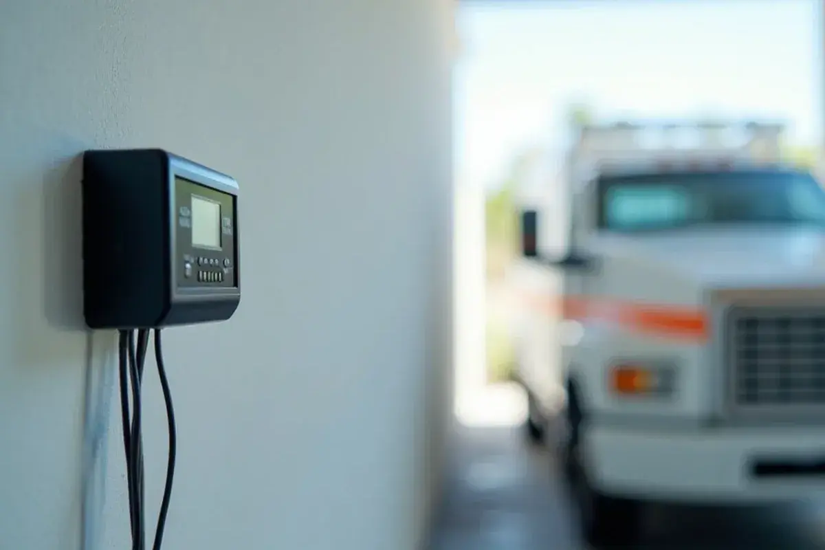 CoolBot-style controller mounted on a cold room wall with sensor wires running to a window air conditioner