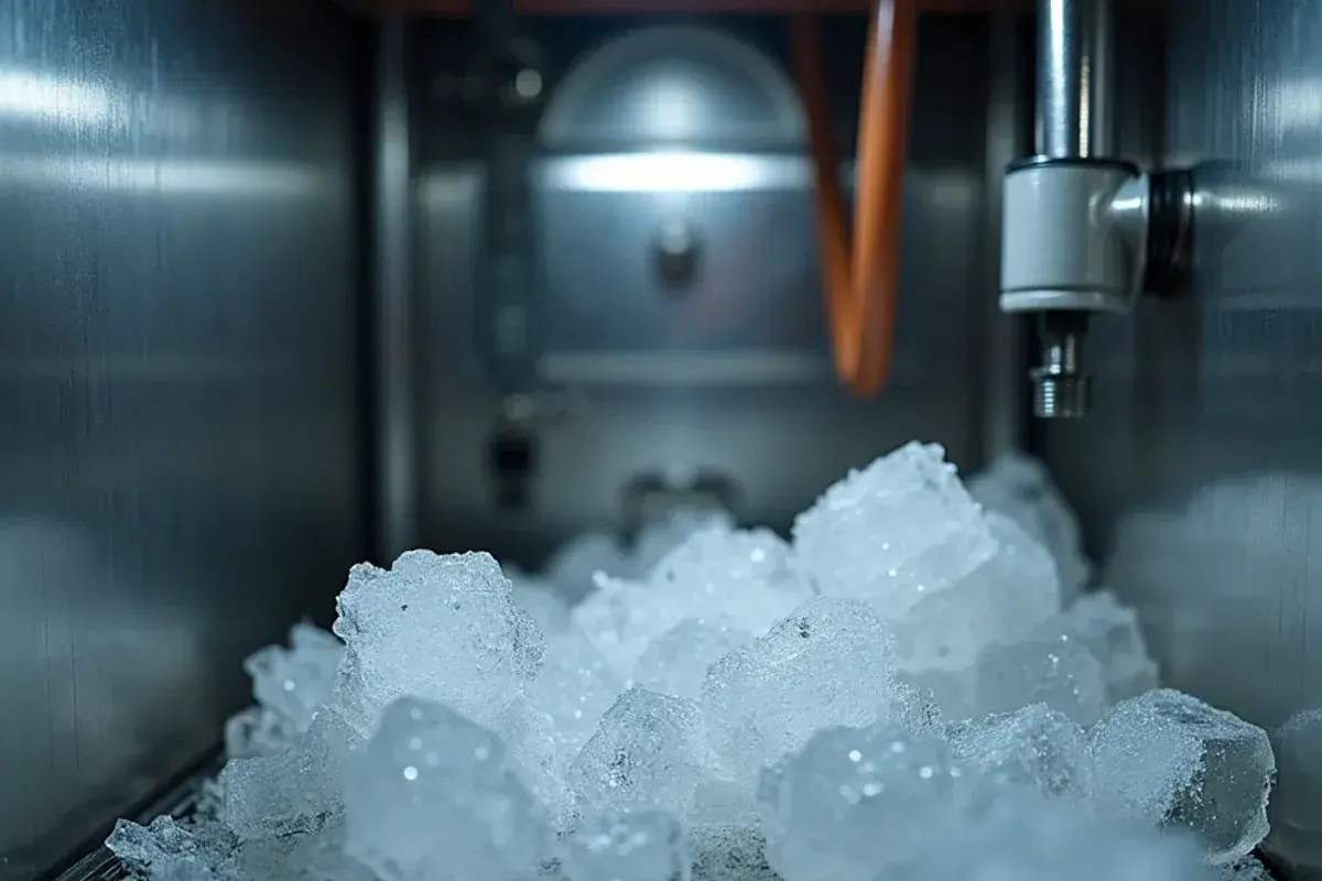 White mineral scale built up on the evaporator plate of a commercial ice machine