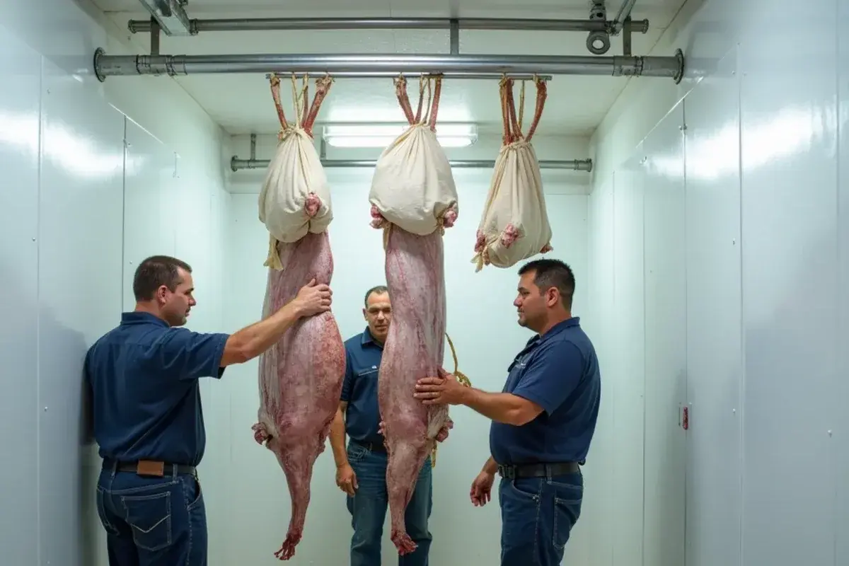 Deer quarters hanging on a steel rail with space between them inside a ranch walk-in cooler