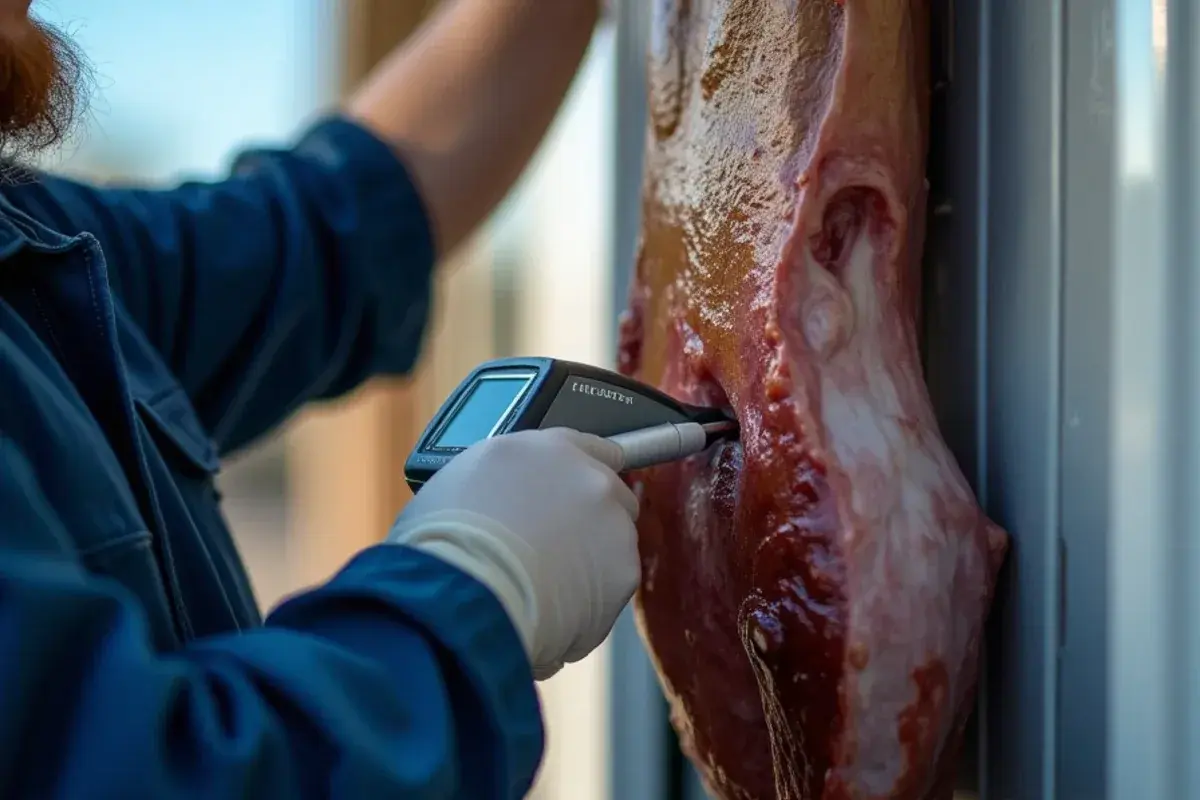 Hunter checking the internal temperature of a deer hindquarter with a probe thermometer in a cooler