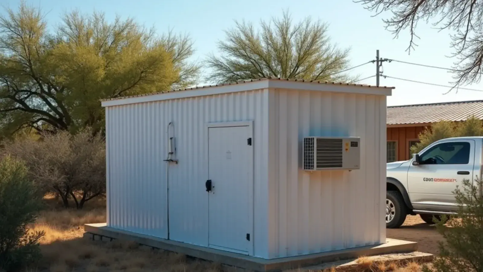 Insulated deer cooler room beside a ranch house in South Texas brush country at dusk