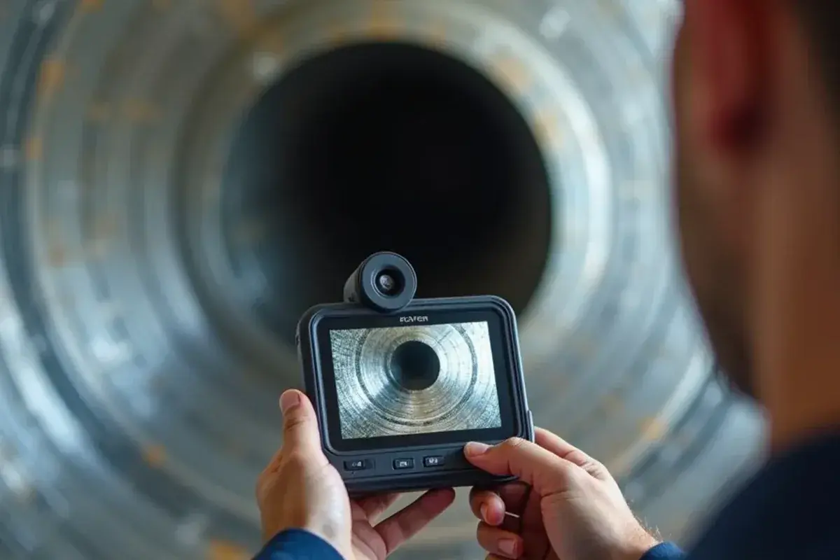 Inspection camera screen showing the inside of a supply duct during a duct cleaning assessment