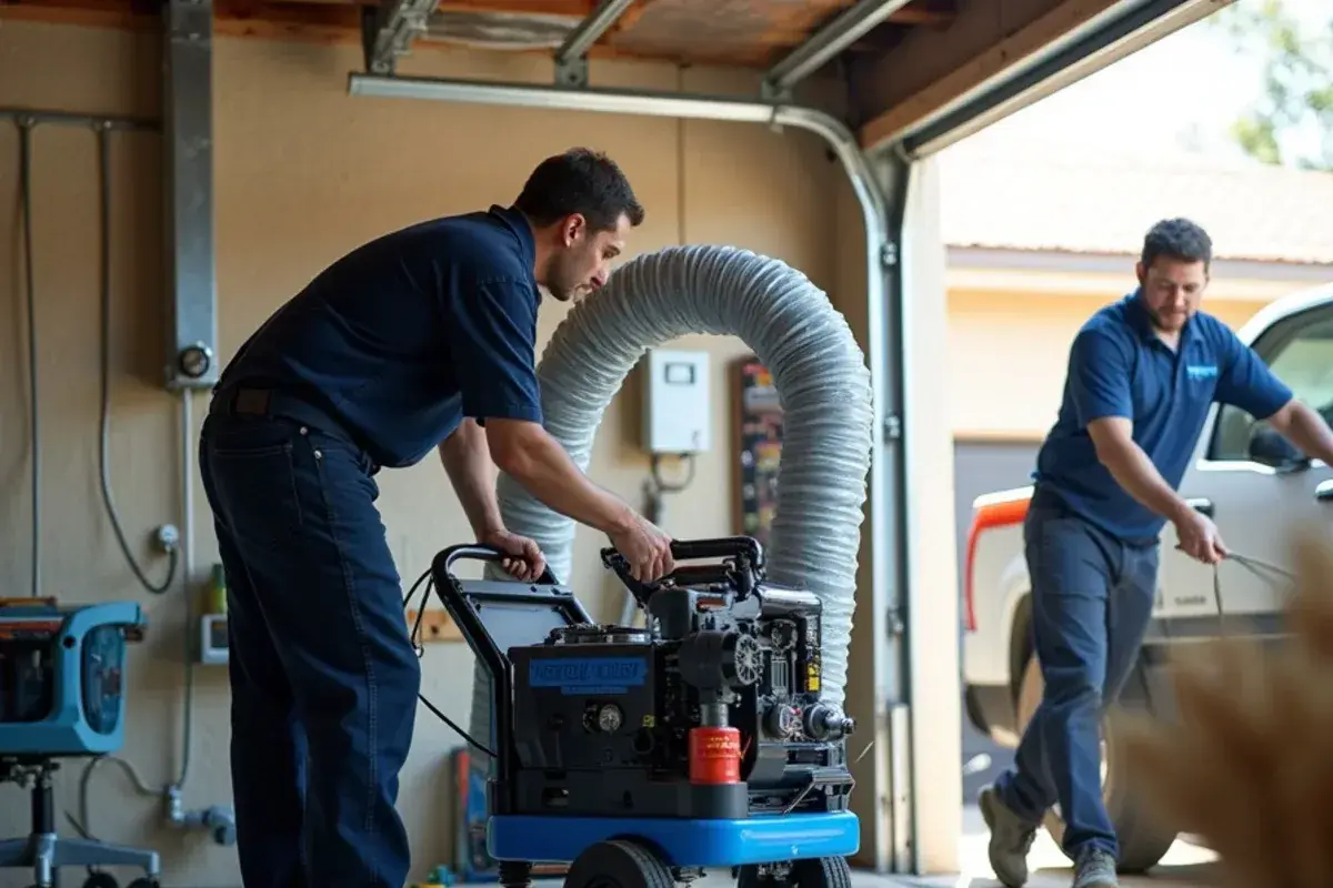 Duct cleaning setup with a negative air machine connected to a main trunk line
