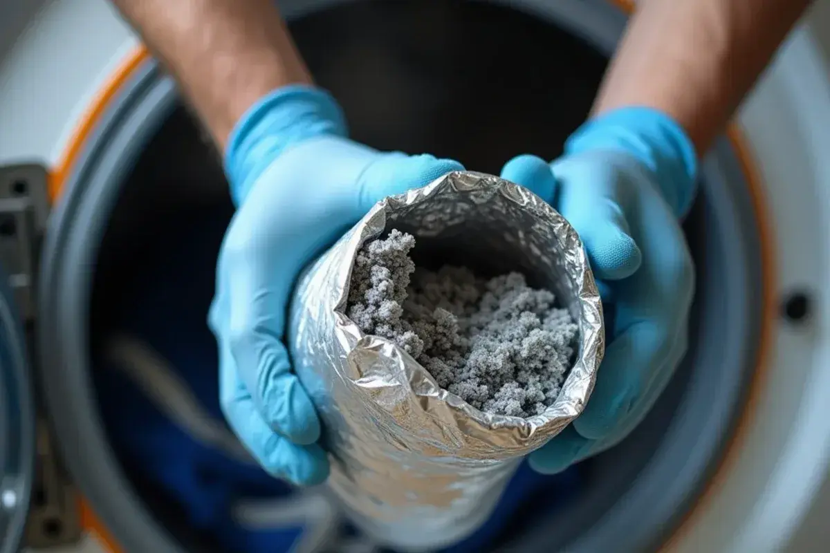 Lint packed inside a flexible clothes dryer vent hose pulled from behind a dryer