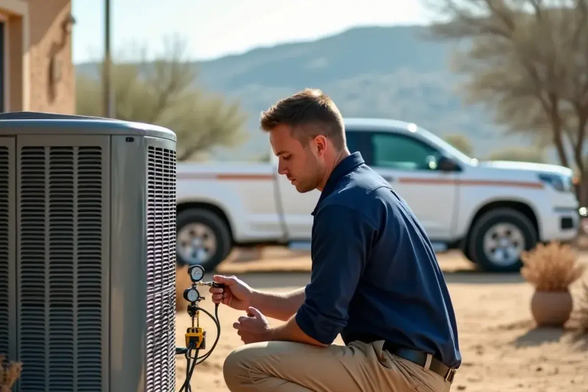 Technician checking a lake house condenser with gauges and a meter before the summer season