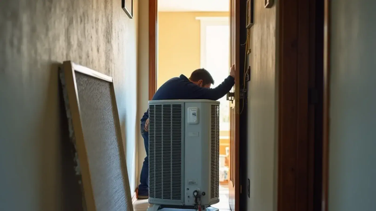 Air handler closet with the access panel off during fall heating maintenance in a Valley home