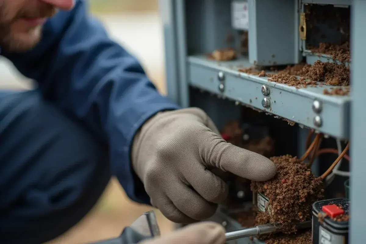 Dead fire ants packed between the contacts of an AC condenser contactor