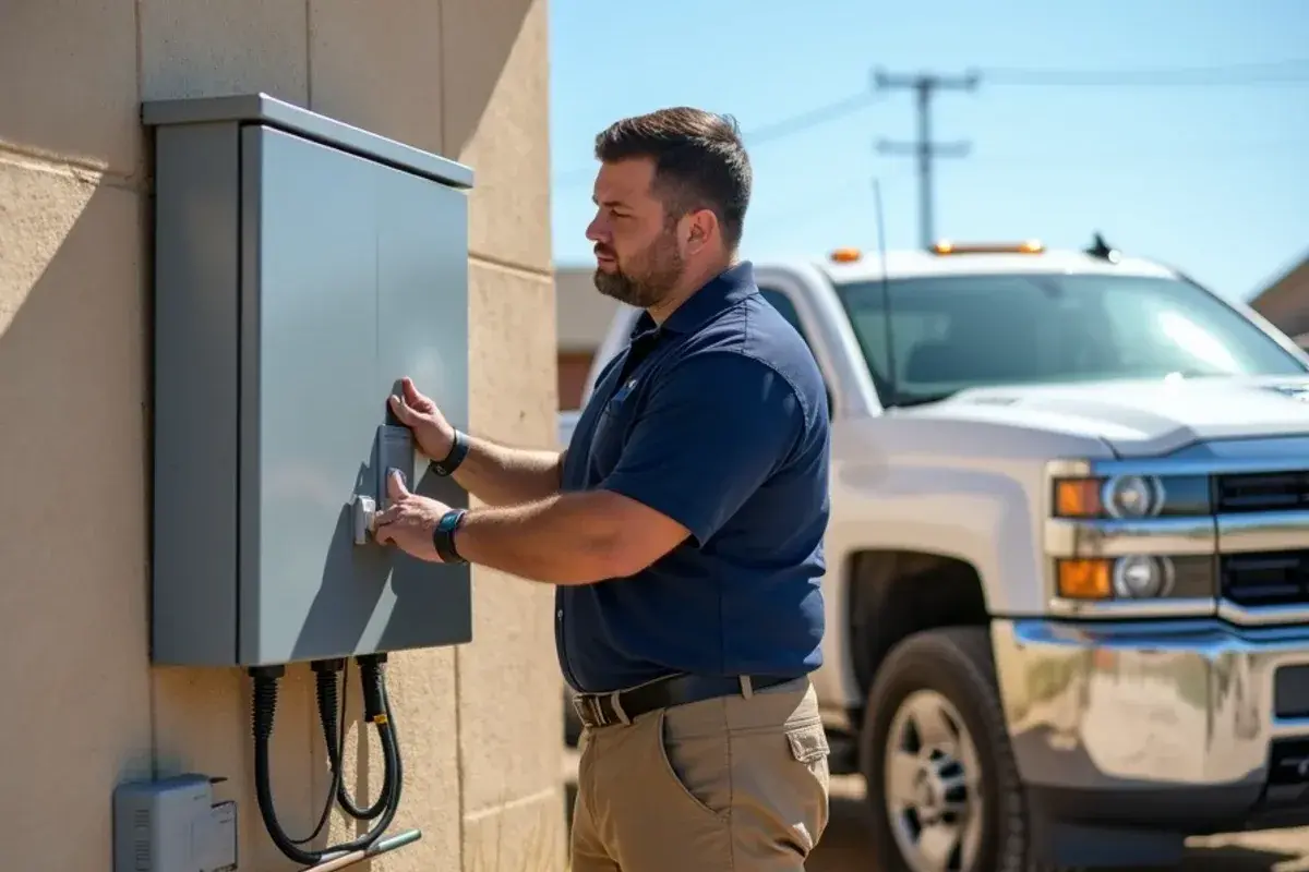 Technician pulling the outdoor disconnect before cleaning ants out of an AC unit