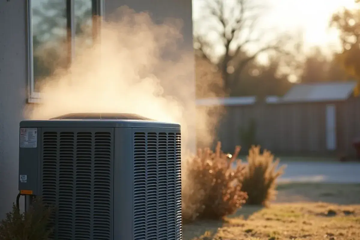 Light steam rising from an outdoor heat pump during a defrost cycle on a cold Valley morning