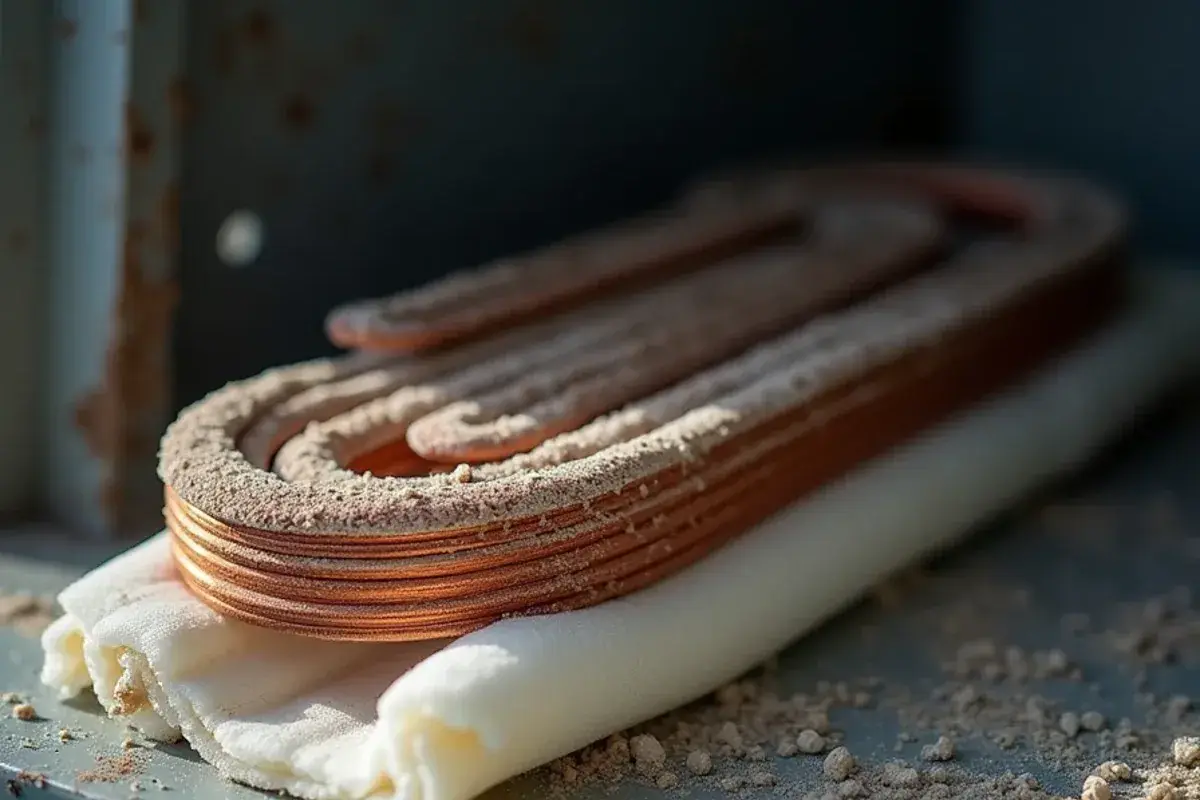 Light dust coating coiled heat strip elements inside an air handler after the cooling season