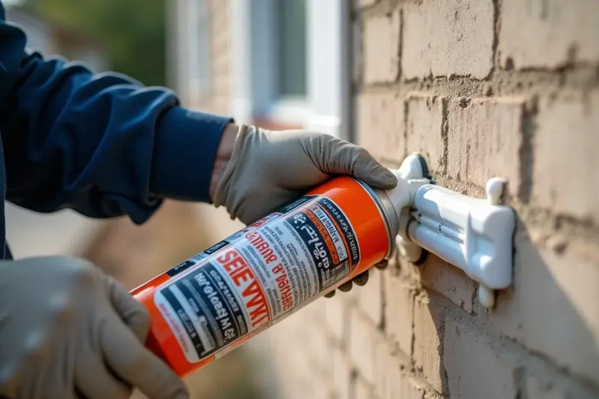 Gap around a plumbing pipe on an exterior wall sealed with foam to keep pests out