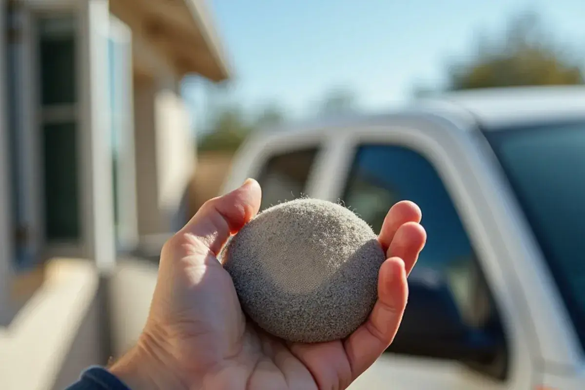 Washable ductless filter removed from an indoor head and coated with a gray felt of dust