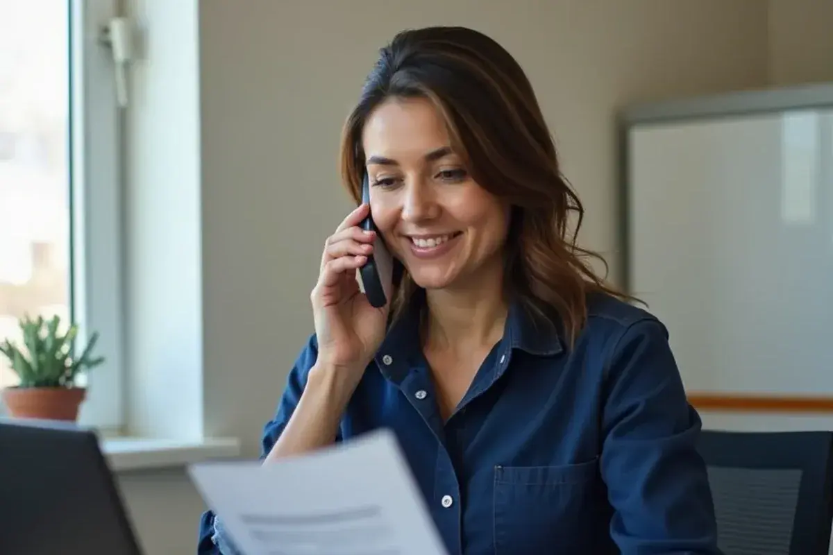 Homeowner on the phone at a desk reviewing an electric bill while asking about efficiency rebates
