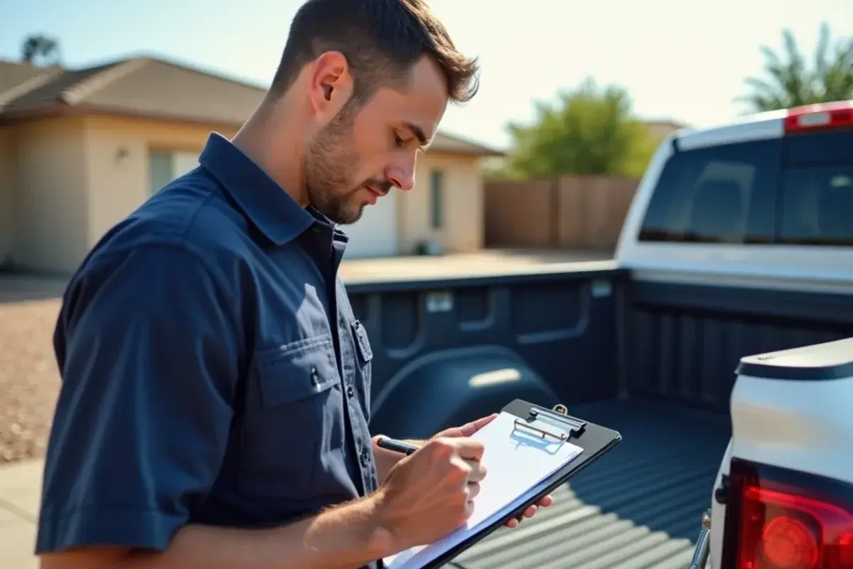 Technician documenting surge-damaged AC parts with a written diagnosis for a homeowner insurance claim